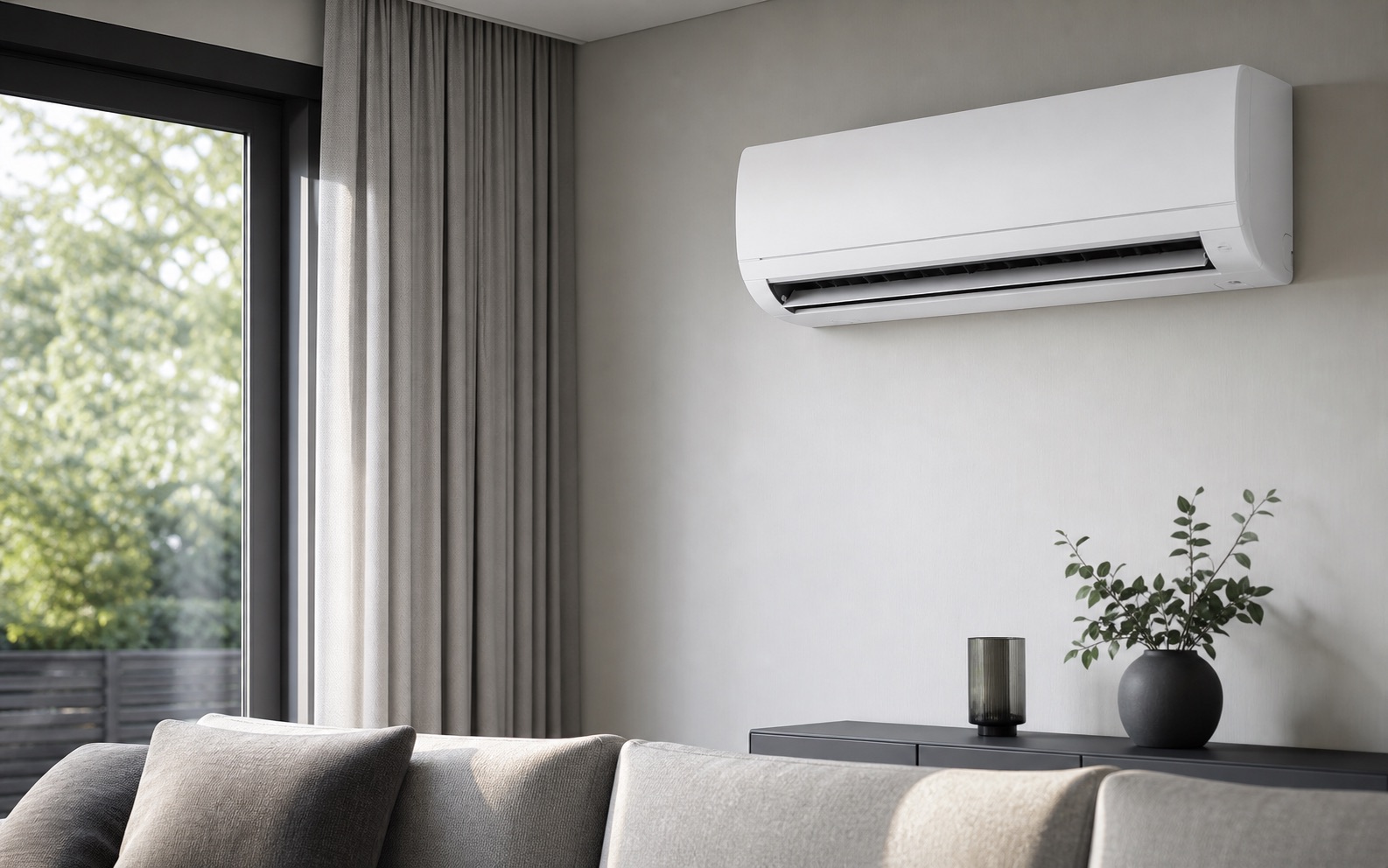 Modern air conditioning installed in a calm living room